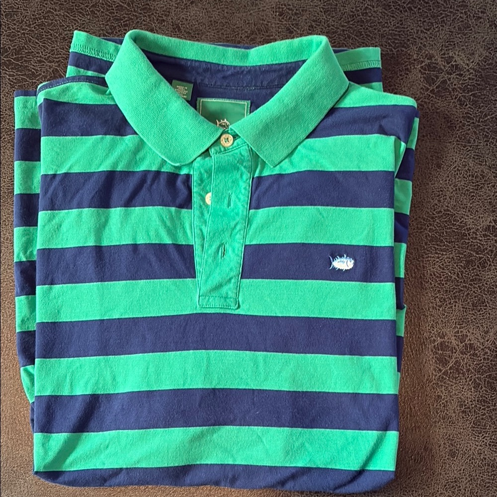 Southern Tide Green and Navy Striped Polo Shirt